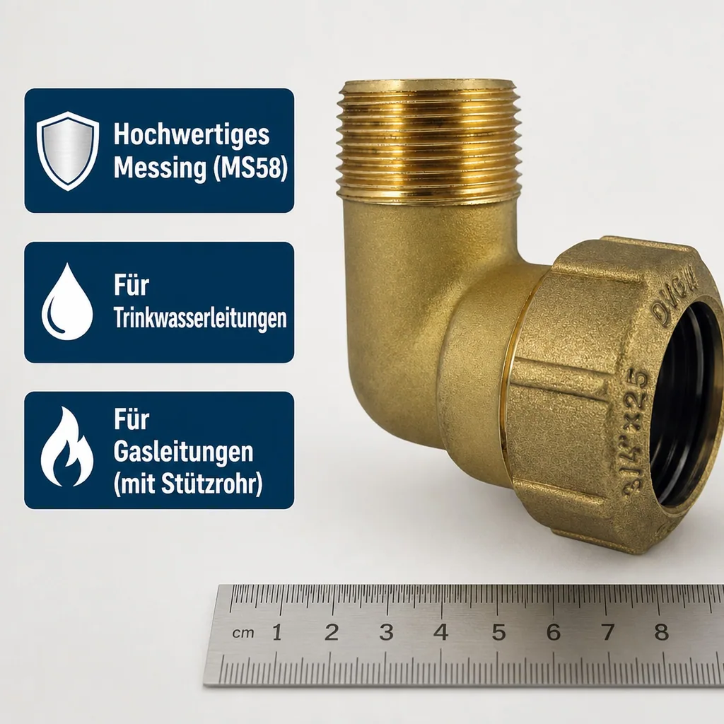 PE Rohr Verschraubung, Messing Winkel 90 Grad, 40x1 1/4", Trinkwasser