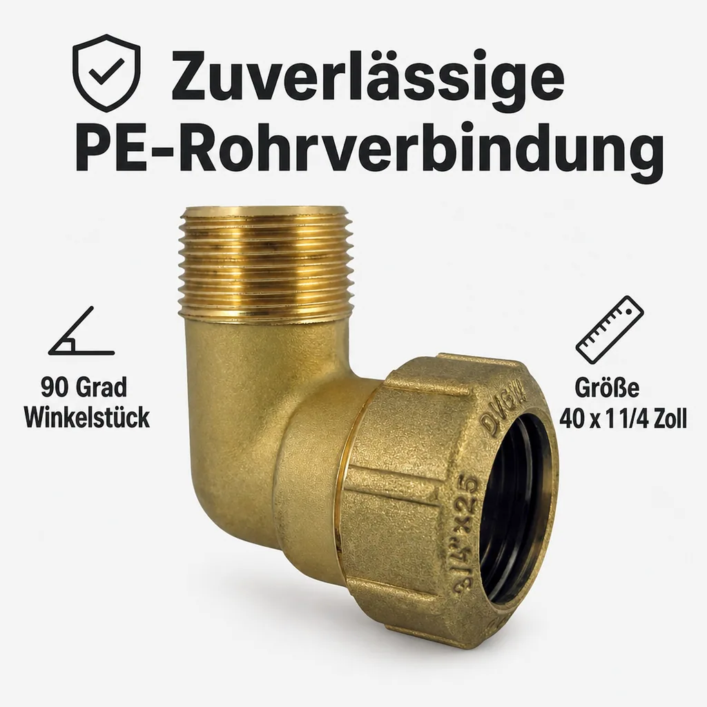 PE Rohr Verschraubung, Messing Winkel 90 Grad, 40x1 1/4", Trinkwasser