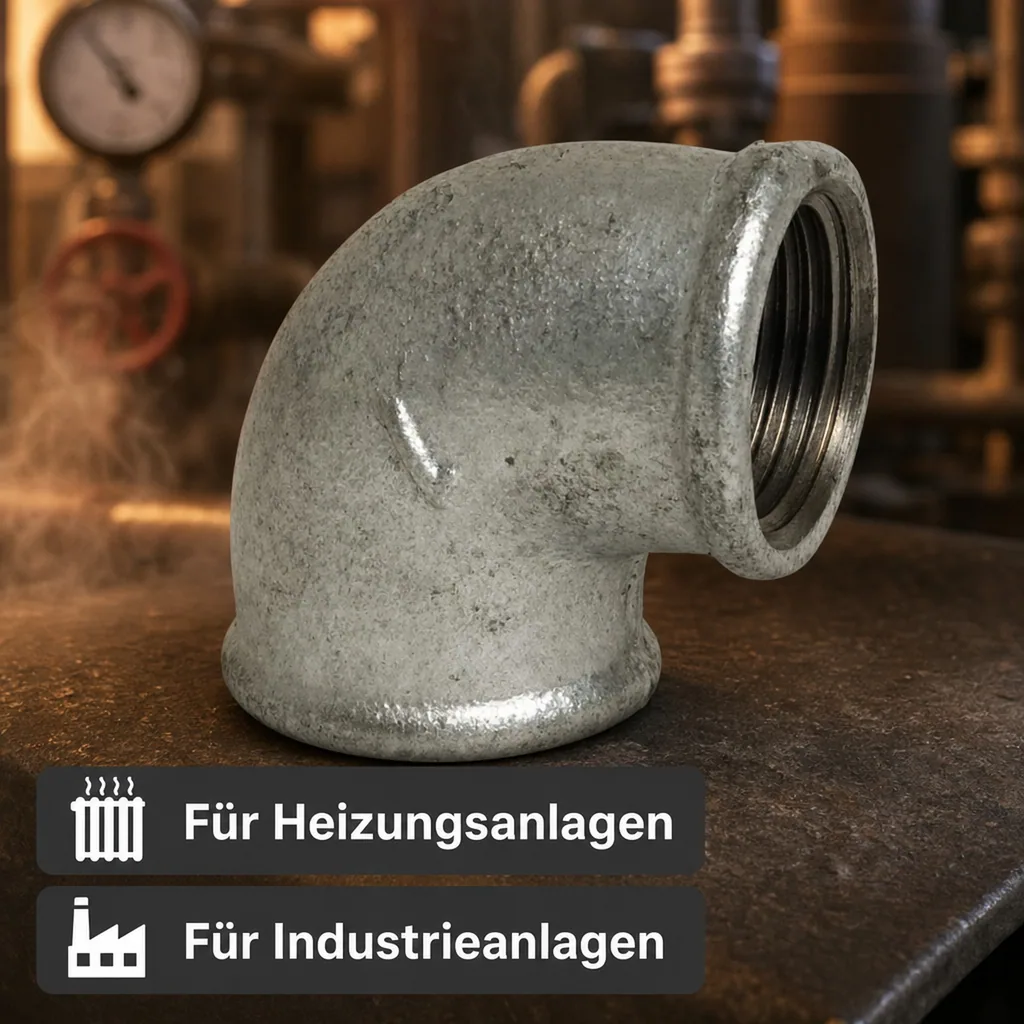 Gewindefitting Temperguss Winkel 90°, 3/8" IG x 3/8" IG, Tempergussfitting verzinkt