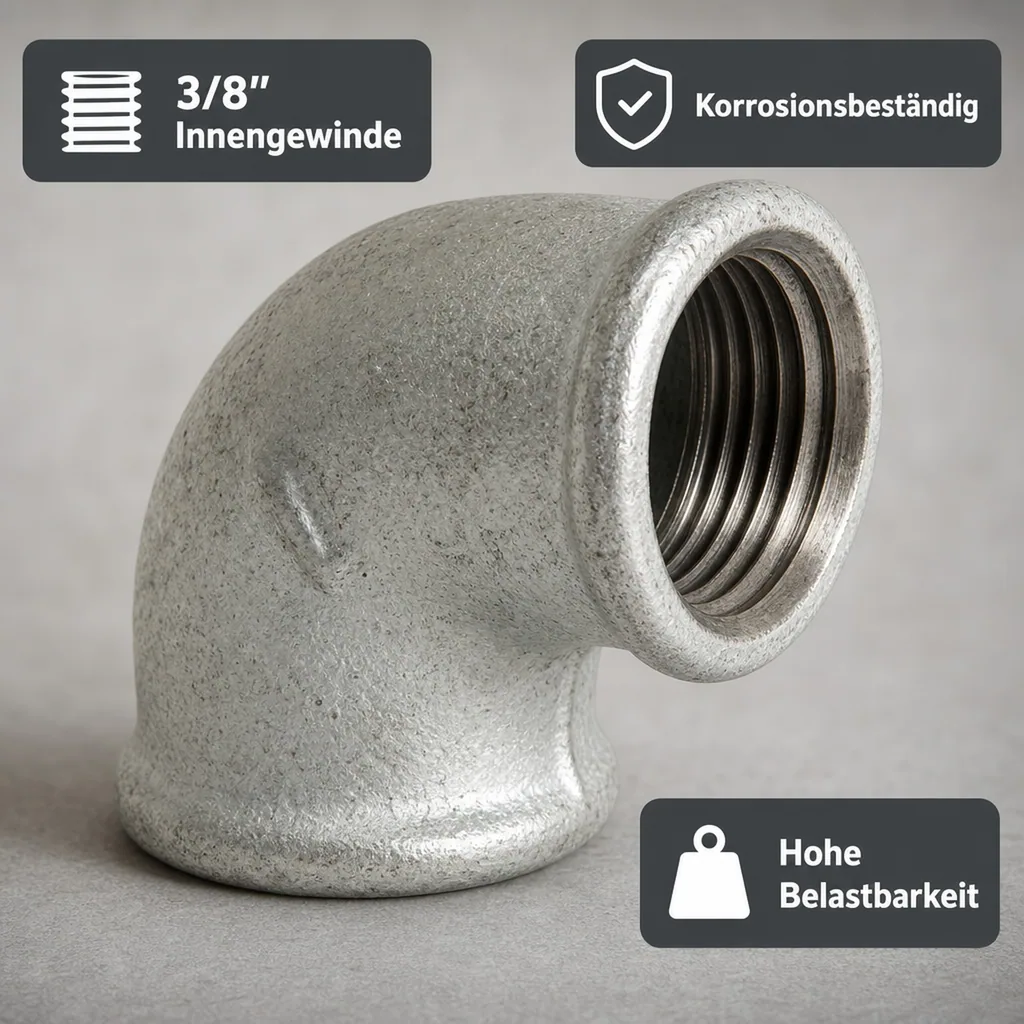 Gewindefitting Temperguss Winkel 90°, 3/8" IG x 3/8" IG, Tempergussfitting verzinkt