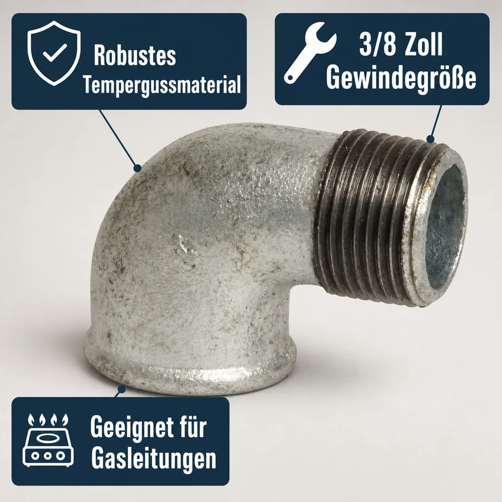 Tempergussfitting, Gewindefitting 3/8 Zoll, Winkel 90 Grad