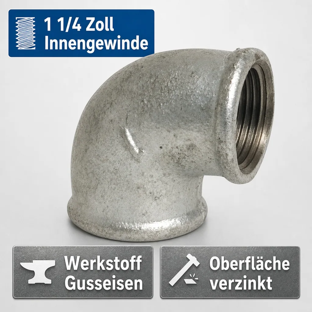 Gewindefitting Temperguss Winkel 90° 1 1/4" IG x 1 1/4" IG