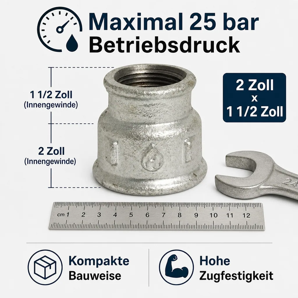 Reduziermuffe, Tempergussfitting, 2 Zoll x 1 1/2 Zoll, Gewindefitting