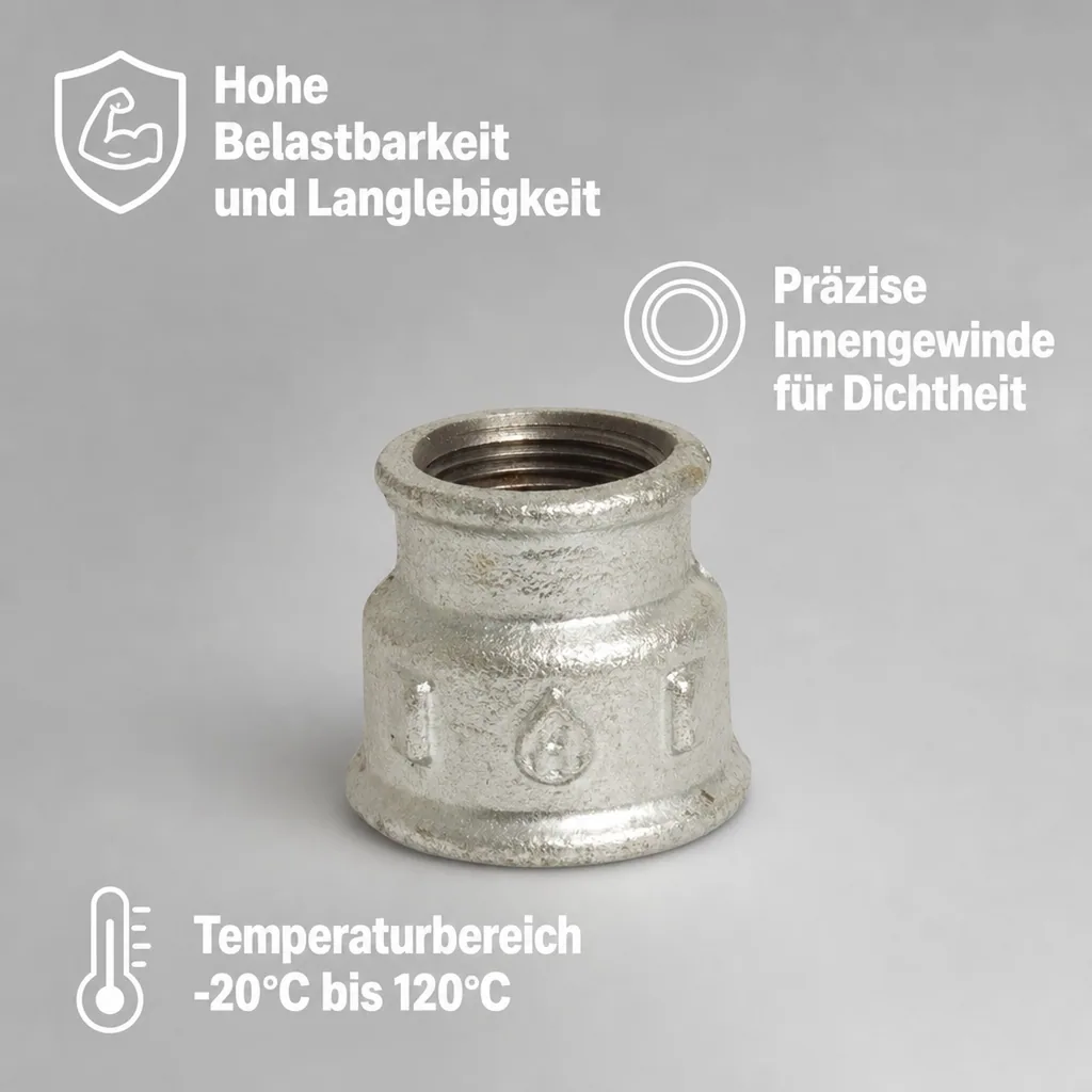 Temperguss Reduziermuffe, Gewindefitting 1 1/2 IG x 1 1/4 IG