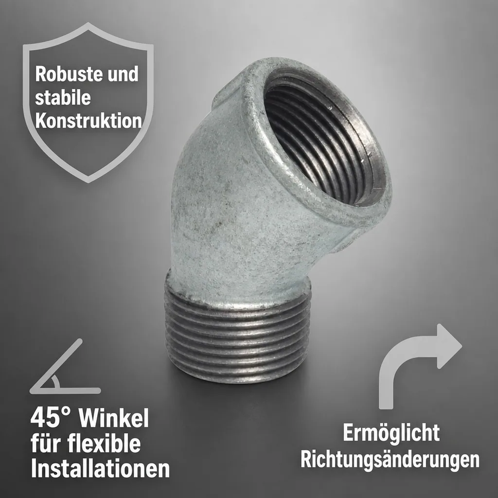 Gewindefitting, Temperguss Winkel 45°, 3/4 Zoll IG x AG, Winkel Fitting