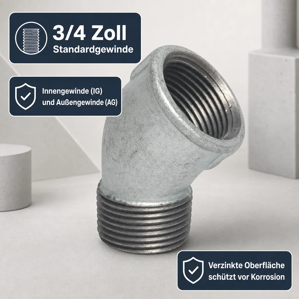 Gewindefitting, Temperguss Winkel 45°, 3/4 Zoll IG x AG, Winkel Fitting