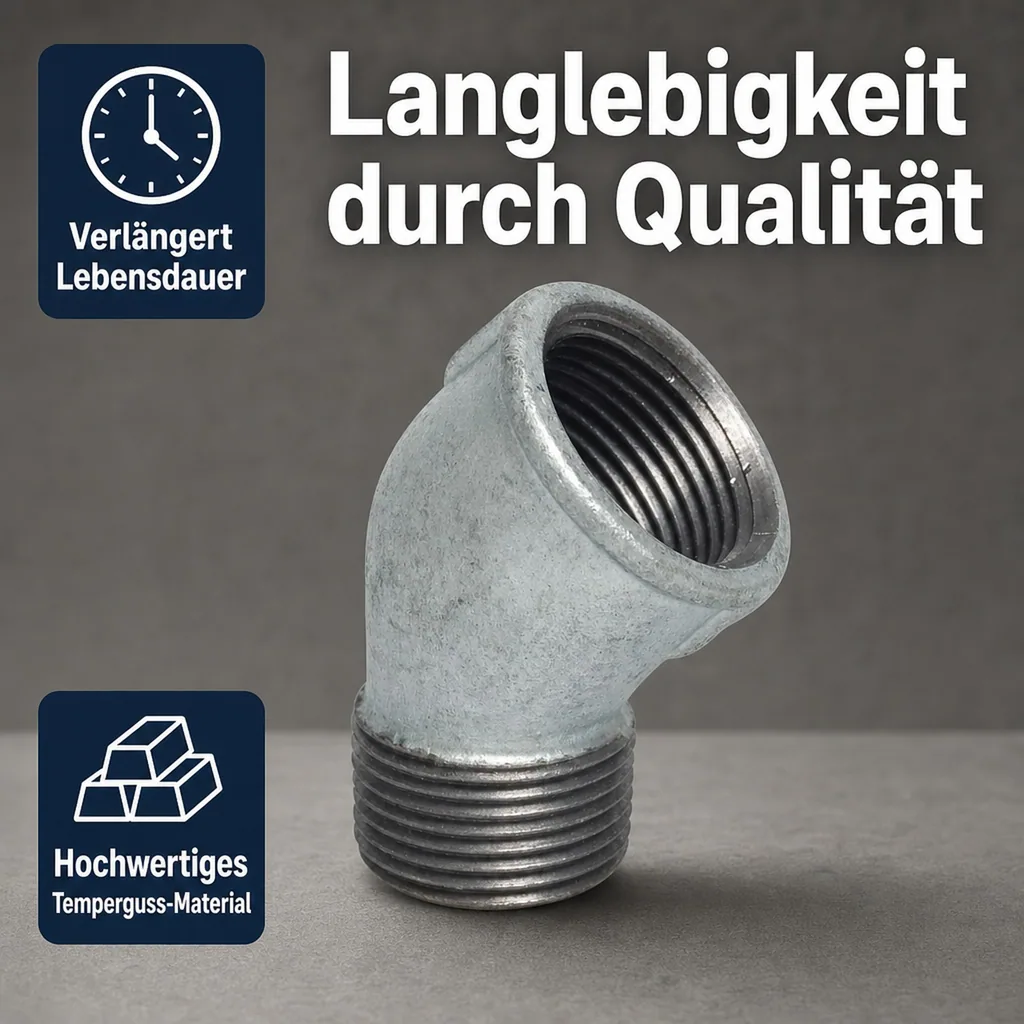 Gewindefitting, Temperguss Winkel 45°, 3/4 Zoll IG x AG, Winkel Fitting