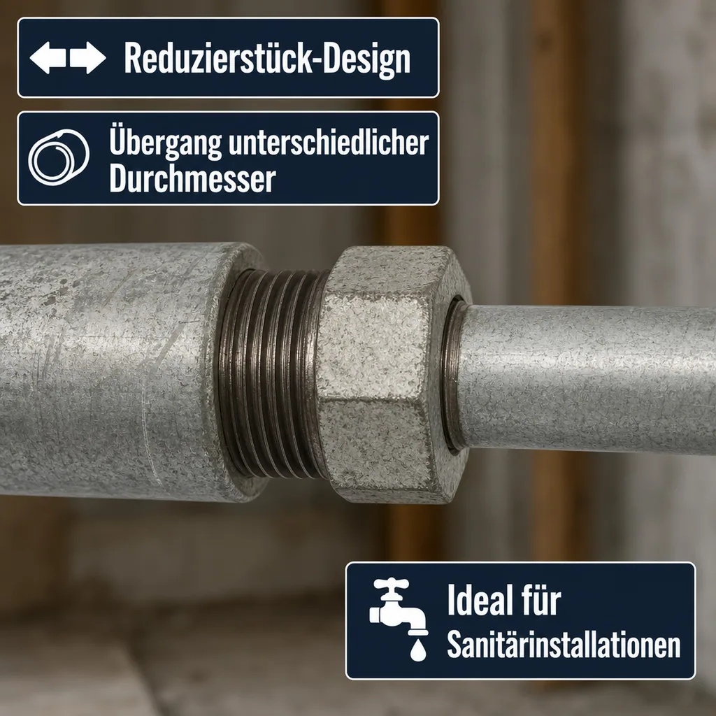 Gewindefitting, Temperguss Reduzierstück, 1 1/4" AG x 1" IG, Rohrverbinder