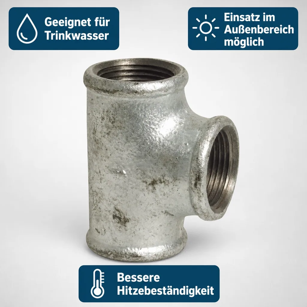 T Stück Temperguss, Gewindefitting, 1 Zoll IG, verzinkt
