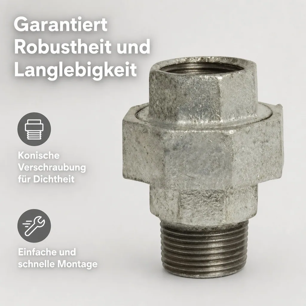 Gewindefitting Temperguss Verschraubung Typ Konisch 1 1/2" IG x 1 1/2" AG