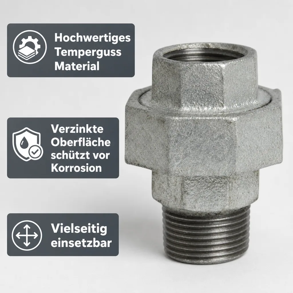 Gewindefitting Temperguss Verschraubung Typ Konisch 1 1/2" IG x 1 1/2" AG