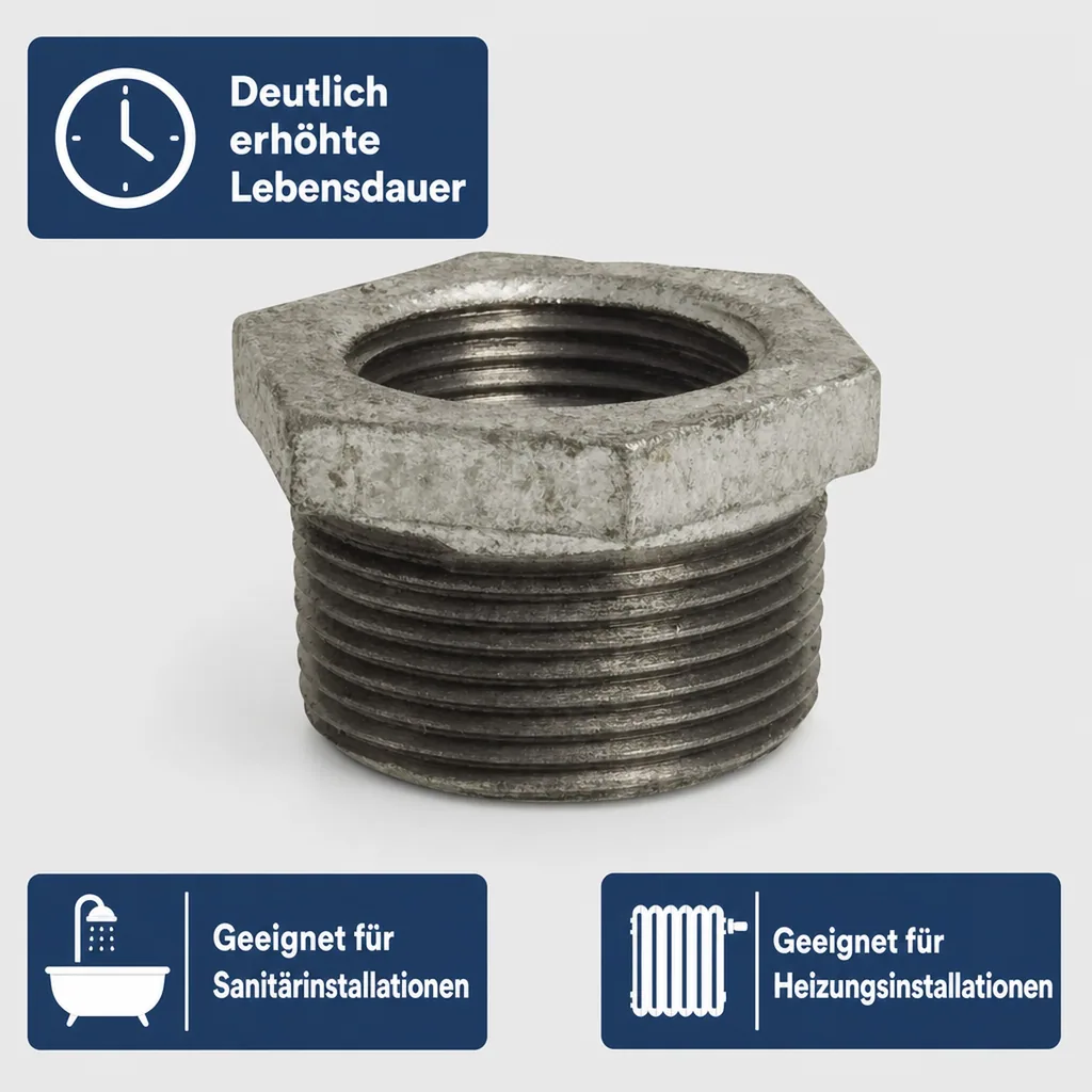 Tempergussfitting, Gewindefitting Temperguss, Reduzierstück 1 1/2" AG x 1 1/4" IG
