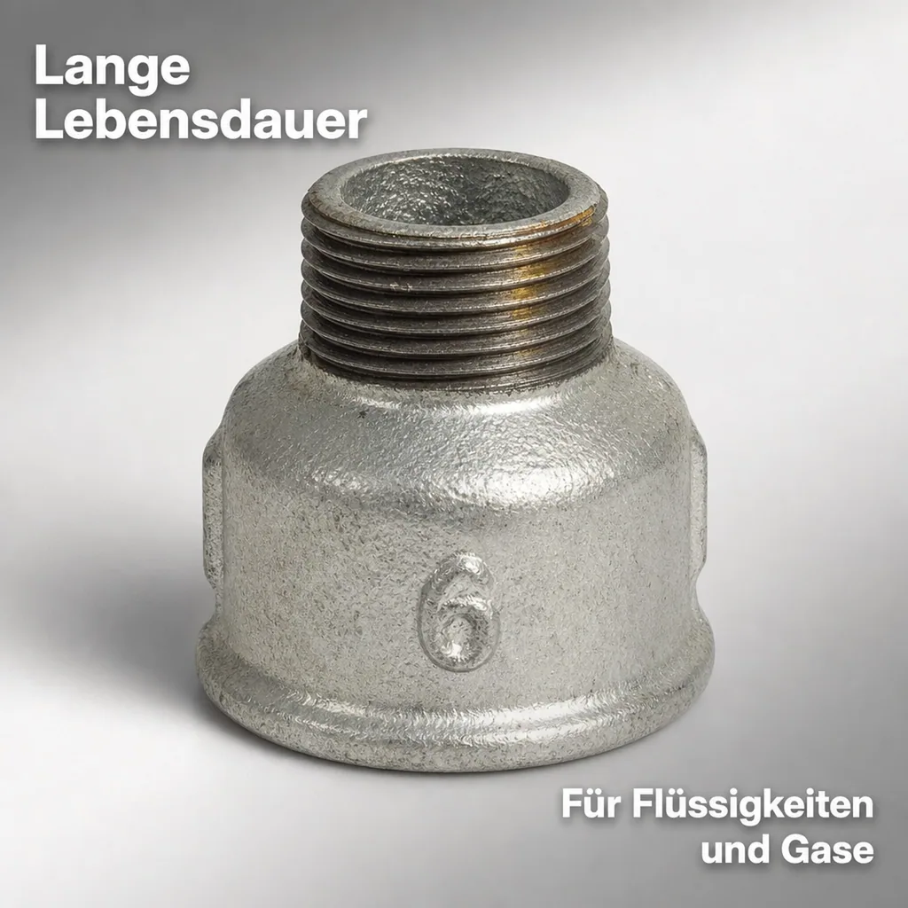 Temperguss Reduziermuffe, Gewindefitting Temperguss, 1 1/4" IG x 1" AG, verzinkt