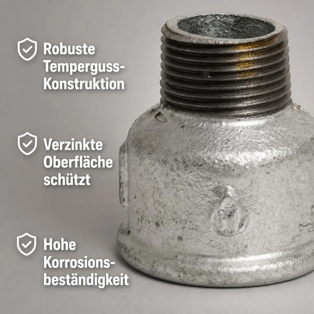 Temperguss Reduziermuffe, Gewindefitting Temperguss, 1 1/4" IG x 1" AG, verzinkt