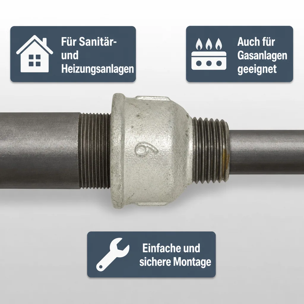 Temperguss Reduziermuffe, Gewindefitting Temperguss, 1 1/4" IG x 1" AG, verzinkt
