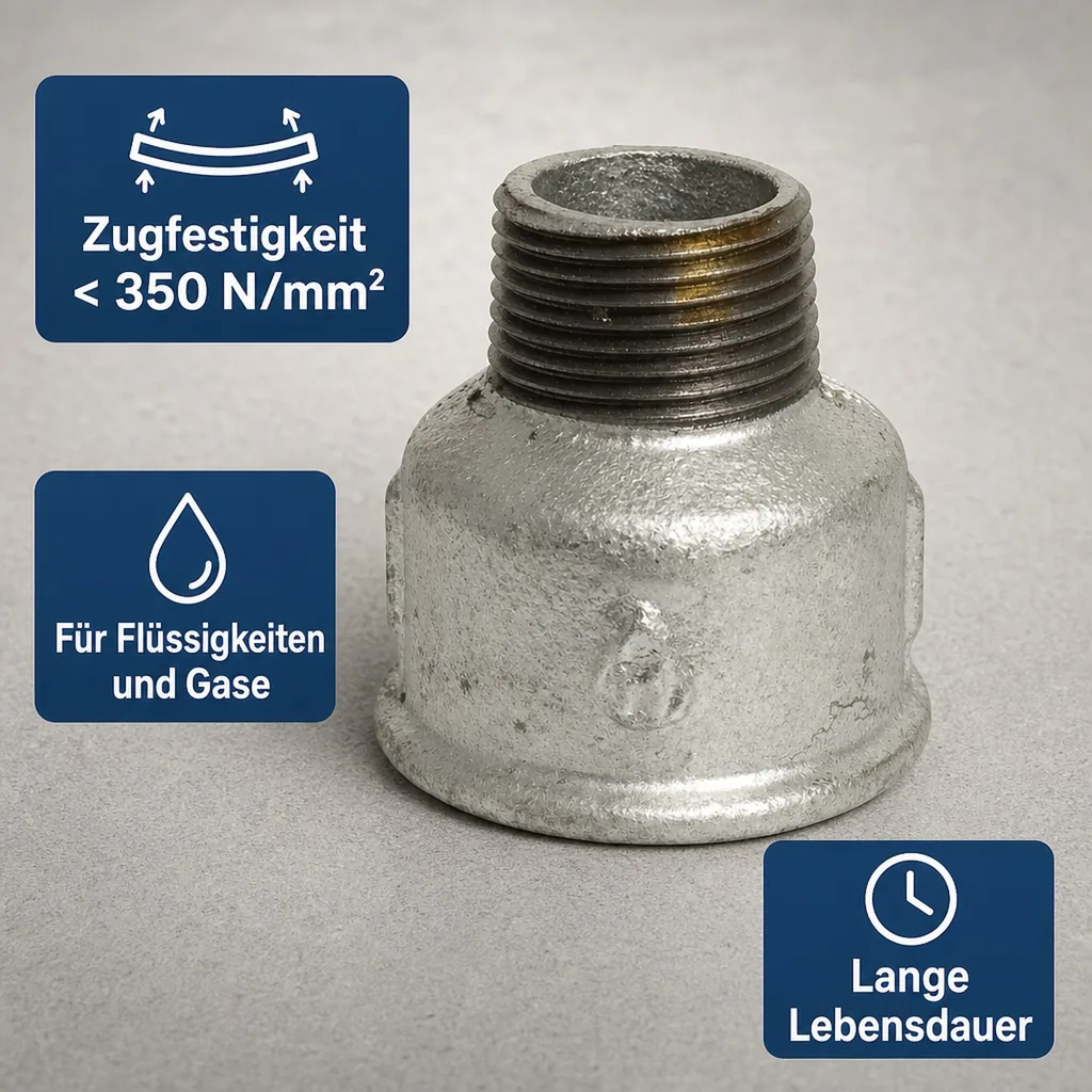 Temperguss Reduziermuffe, Gewindefitting Temperguss, 1 1/4" IG x 1" AG, verzinkt