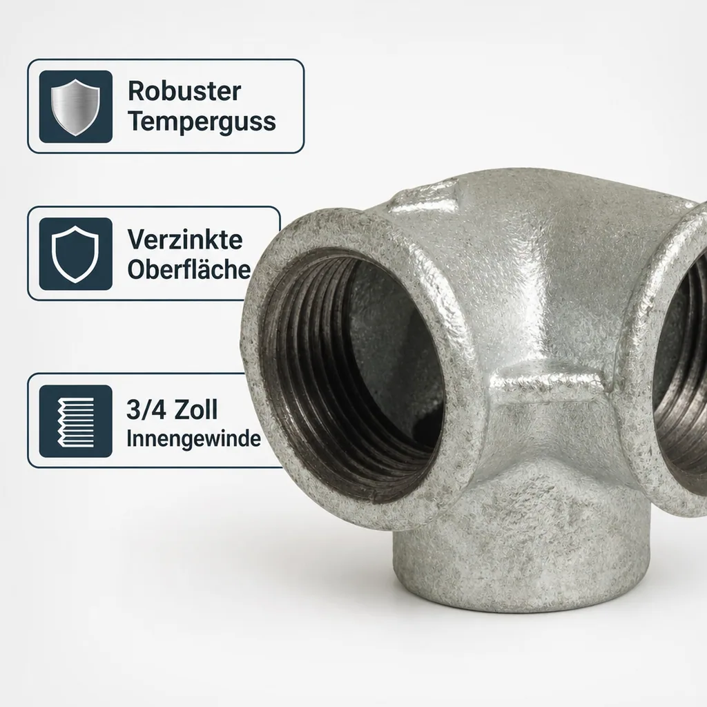 Gewindefitting Temperguss 3/4 Zoll, Winkelverteiler verzinkt