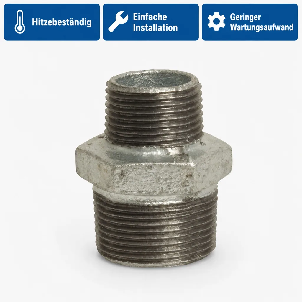 Reduziernippel, Tempergussfitting, Gewindefitting, 3/4" AG x 1/2" AG