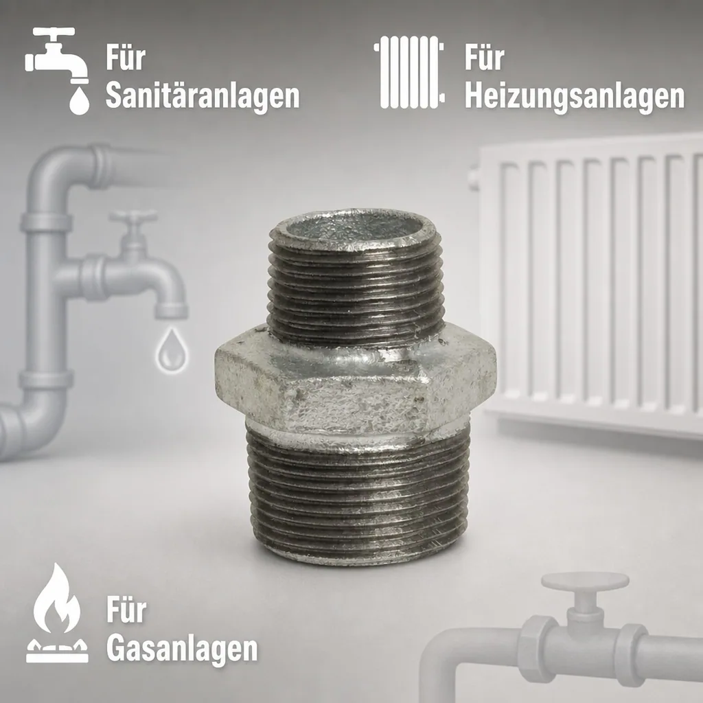 Reduziernippel, Tempergussfitting, Gewindefitting, 3/4" AG x 1/2" AG