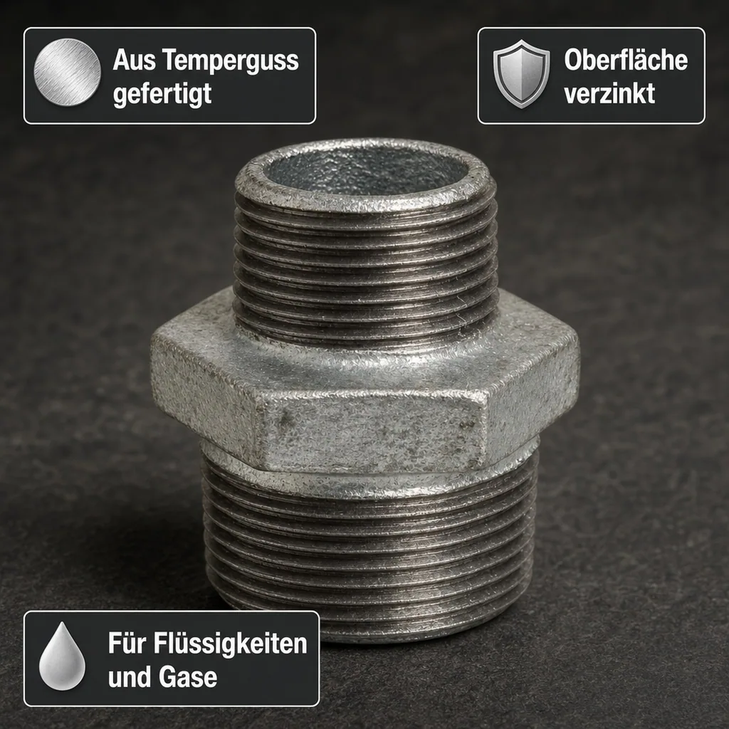 Gewindefitting Temperguss Reduziernippel 1 1/2" AG x 1 1/4" AG