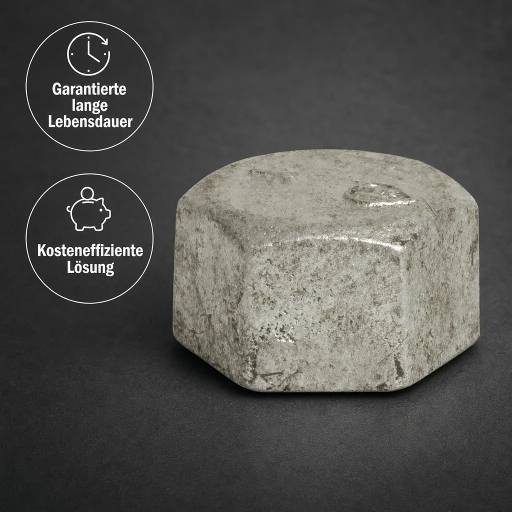 Gewindefitting, Temperguss Kappe, 1 1/4" IG, Sechskant, verzinkt