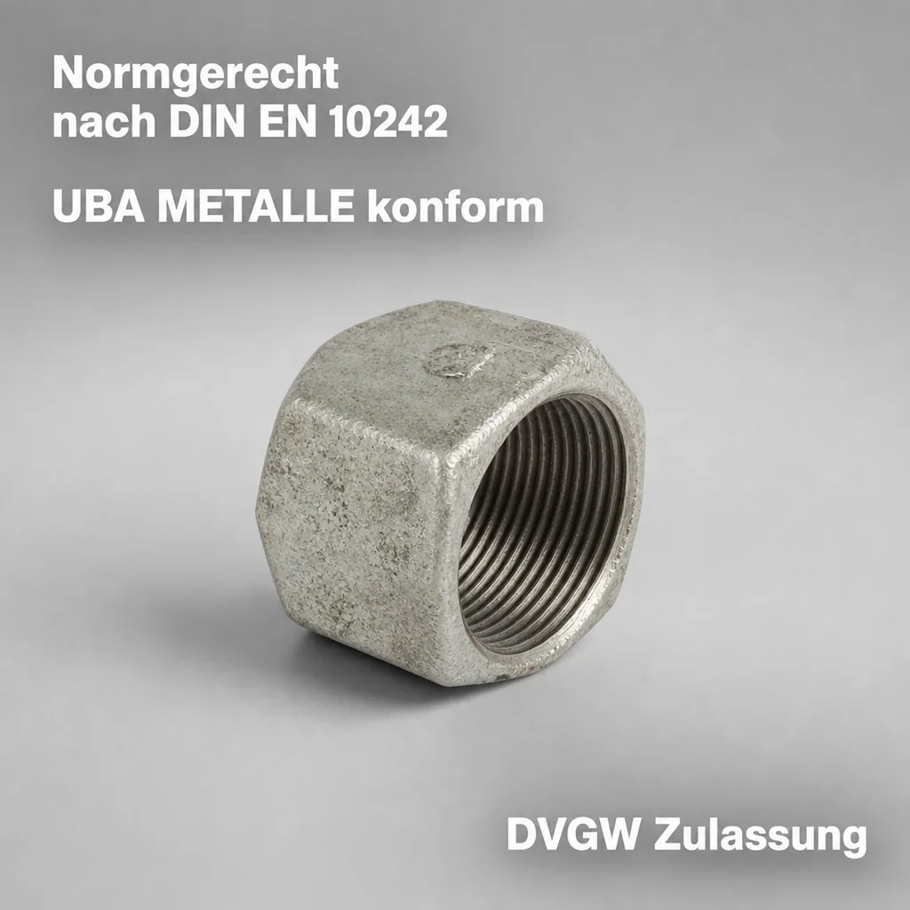 Gewindefitting, Temperguss Kappe, Hexagon, 1 1/2 Zoll IG