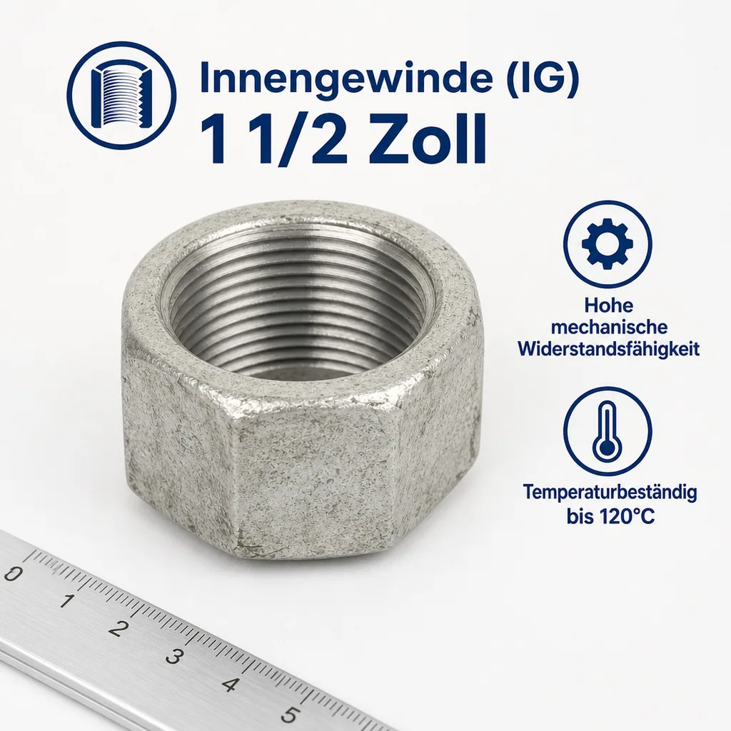 Gewindefitting, Temperguss Kappe, Hexagon, 1 1/2 Zoll IG