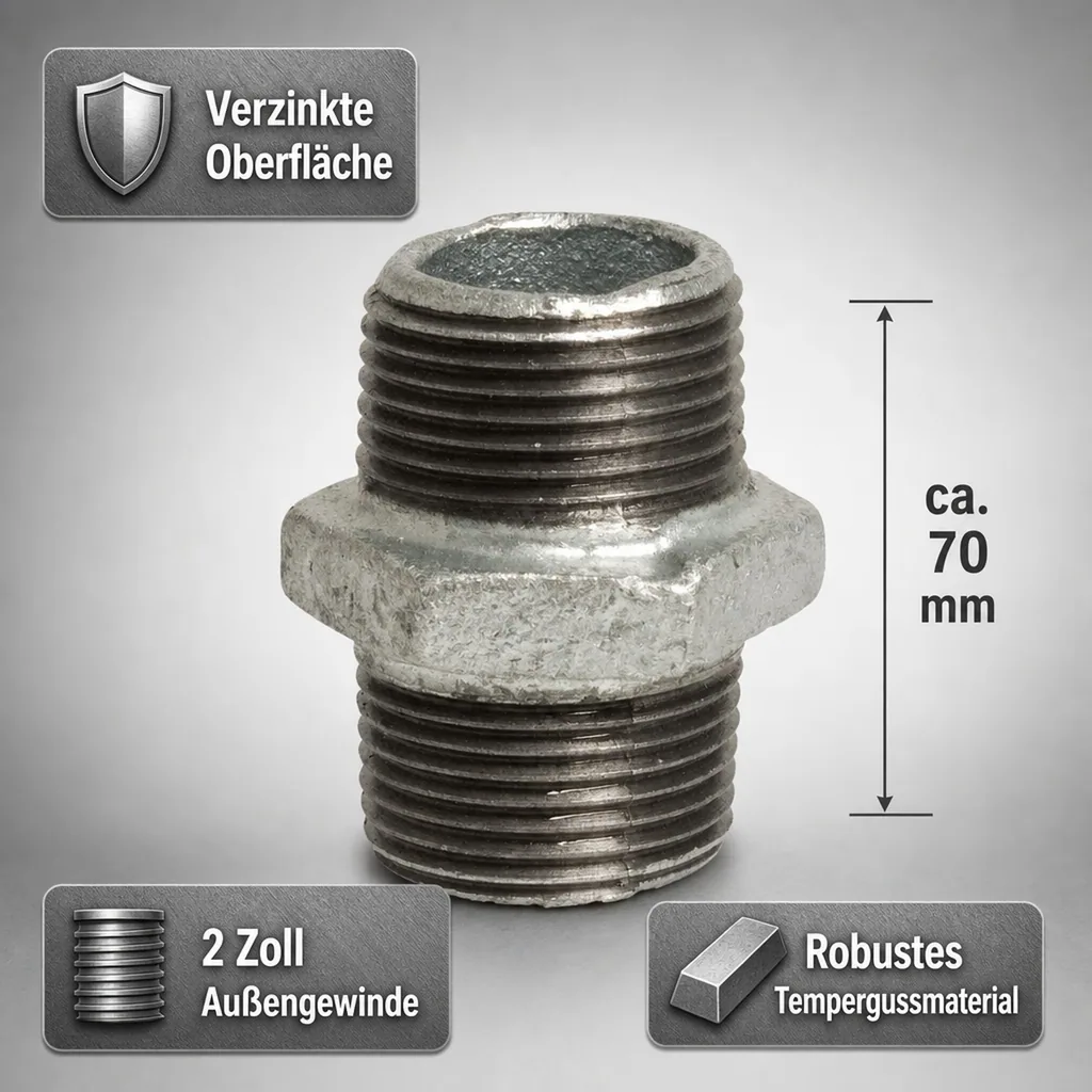 Doppelnippel 2 Zoll, Gewindefitting Temperguss, verzinkt, AG x AG