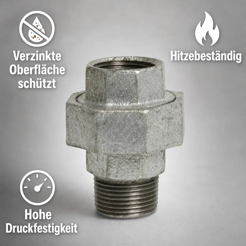 Tempergussfitting, Gewindefitting, Verschraubung Konisch 1/2 Zoll IG x AG