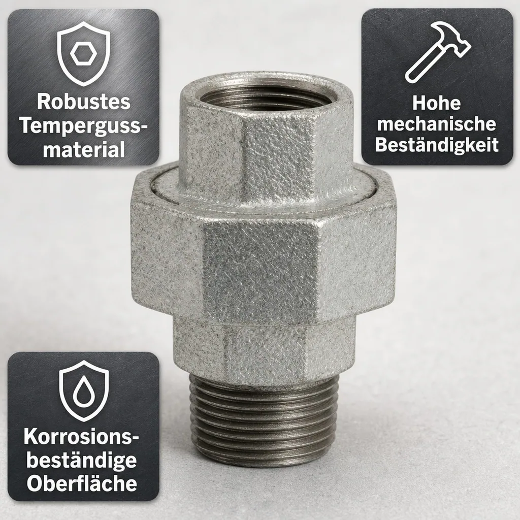 Tempergussfitting, Gewindefitting, Verschraubung Konisch 1/2 Zoll IG x AG