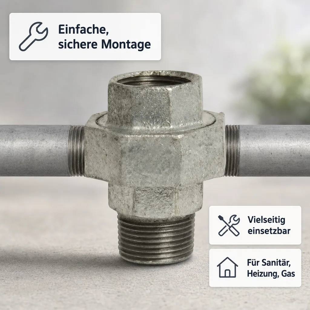 Tempergussfitting, Gewindefitting, Verschraubung Konisch 1/2 Zoll IG x AG
