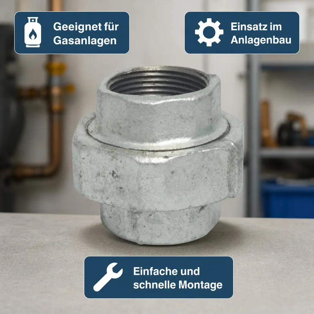 Verschraubung Temperguss, Gewindefitting 1 Zoll, Typ Flach, Tempergussfitting
