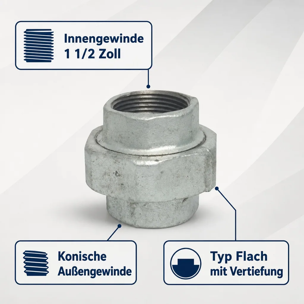 Gewindefitting Temperguss Verschraubung Typ Flach 1 1/2" IG x 1 1/2" IG