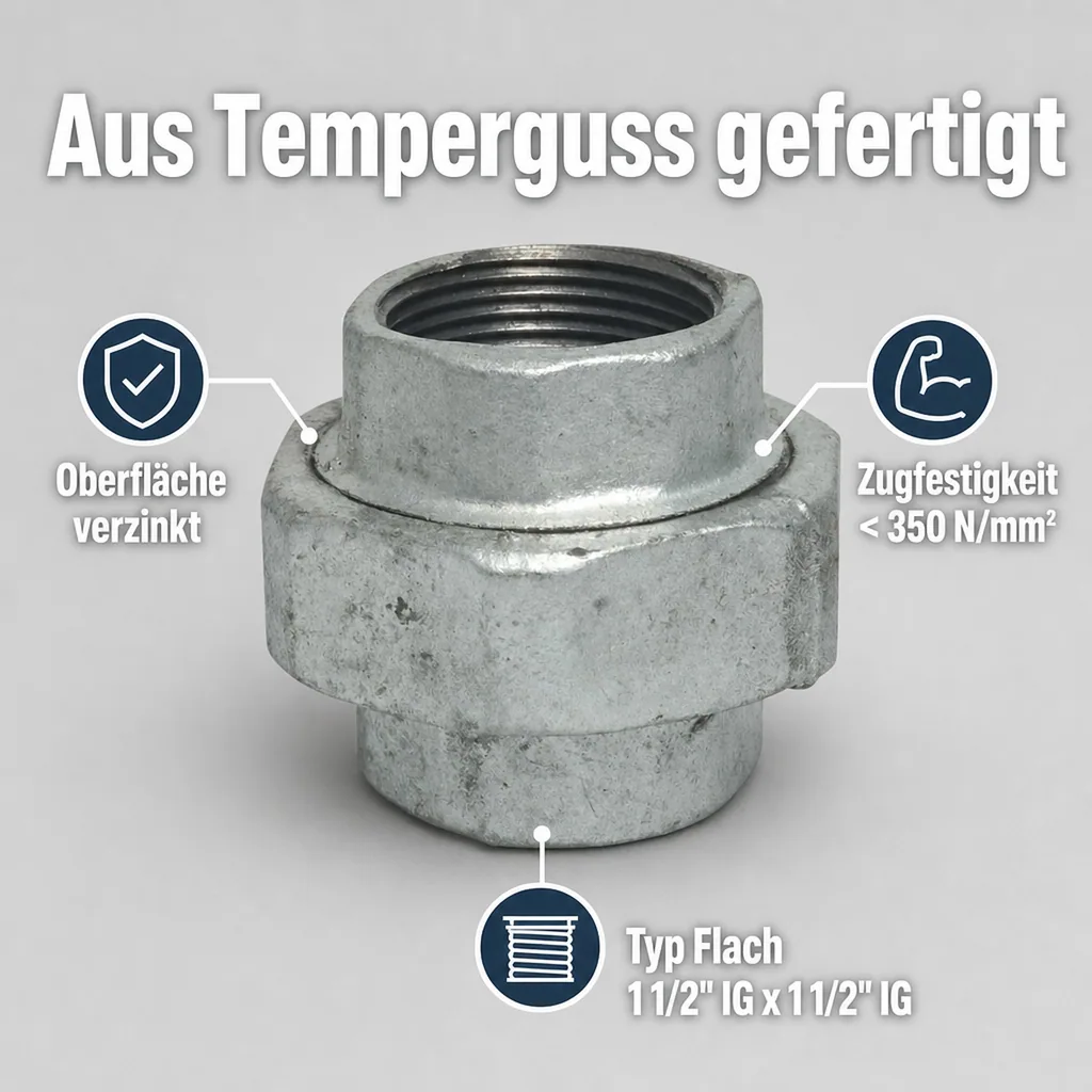 Gewindefitting Temperguss Verschraubung Typ Flach 1 1/2" IG x 1 1/2" IG