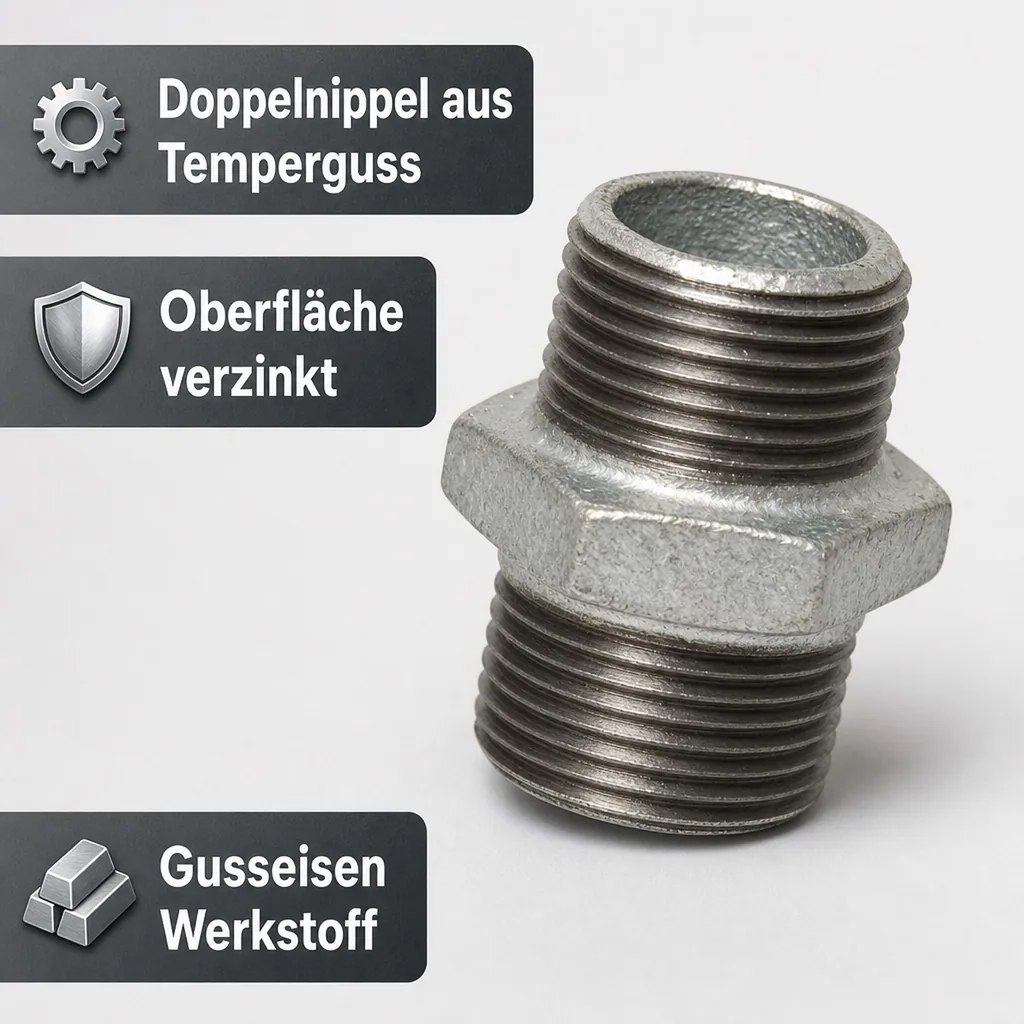 Gewindefitting Temperguss Doppelnippel 1 1/2" AG x 1 1/2" AG