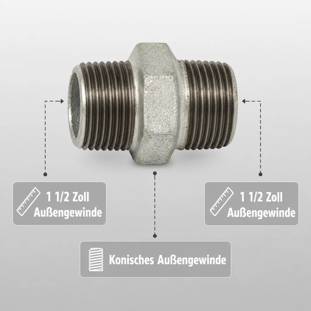 Gewindefitting Temperguss Doppelnippel 1 1/2" AG x 1 1/2" AG
