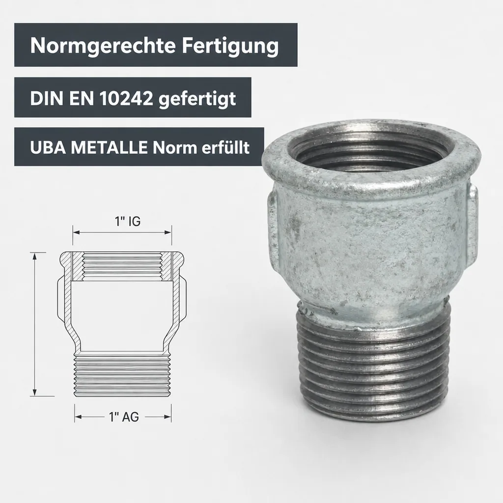 Muffennippel Temperguss, Gewindefitting, 1" IG x 1" AG