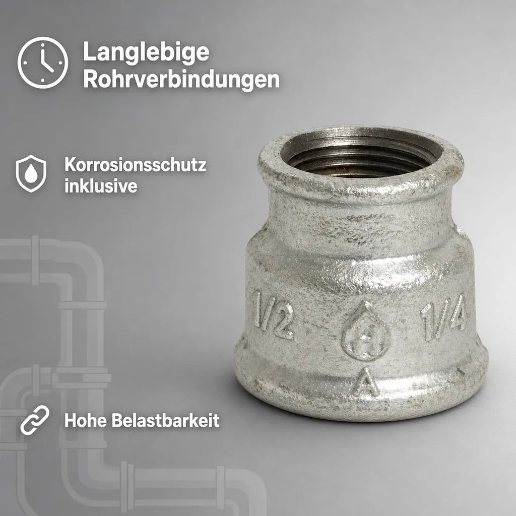 Reduziermuffe Temperguss, Gewindefitting, 1/2" IG x 1/4" IG