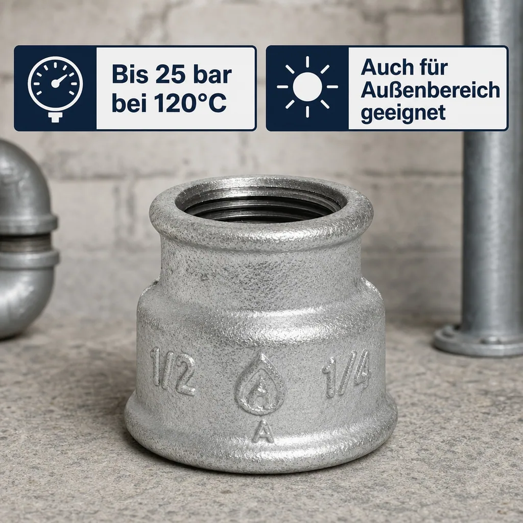 Reduziermuffe Temperguss, Gewindefitting, 1/2" IG x 1/4" IG