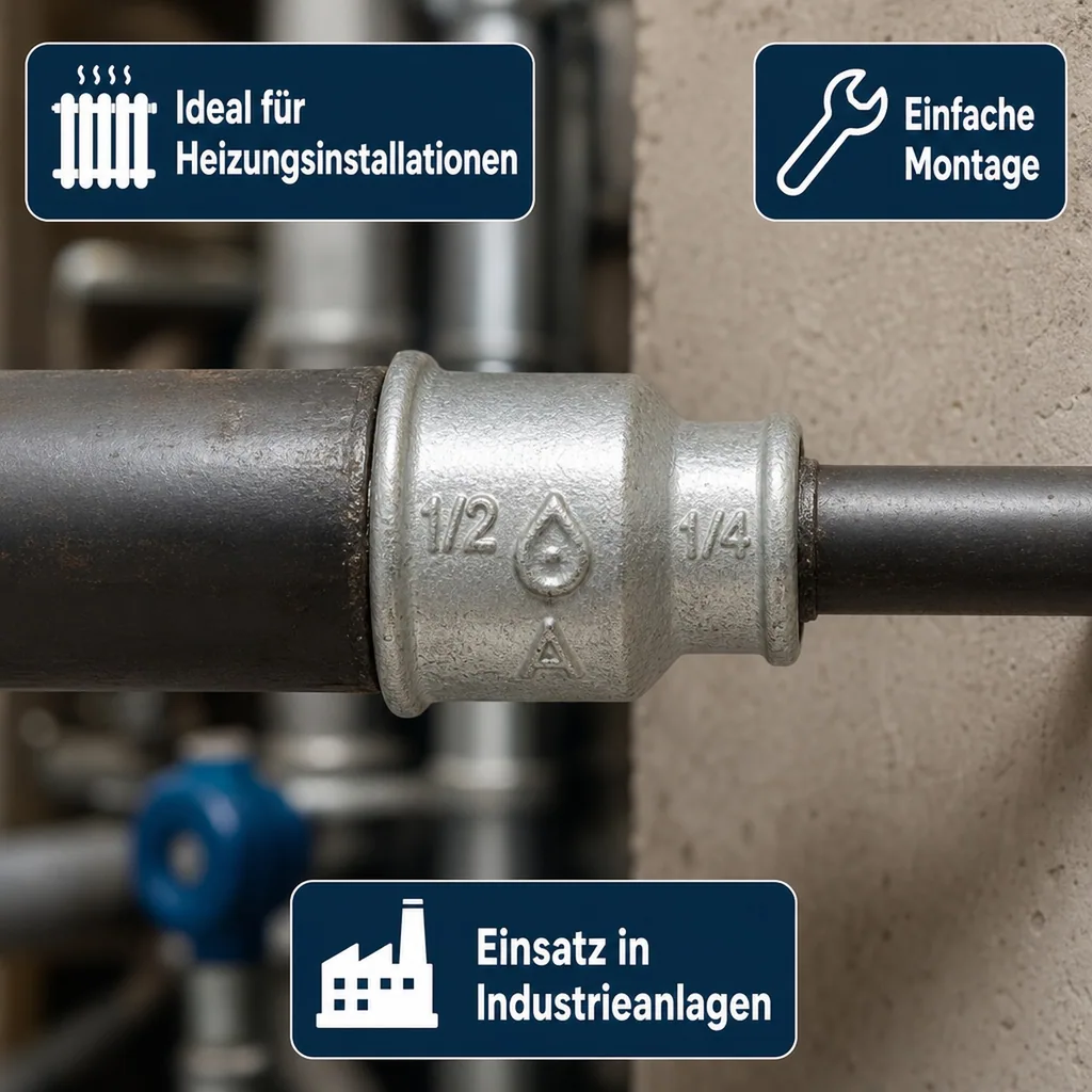 Reduziermuffe Temperguss, Gewindefitting, 1/2" IG x 1/4" IG