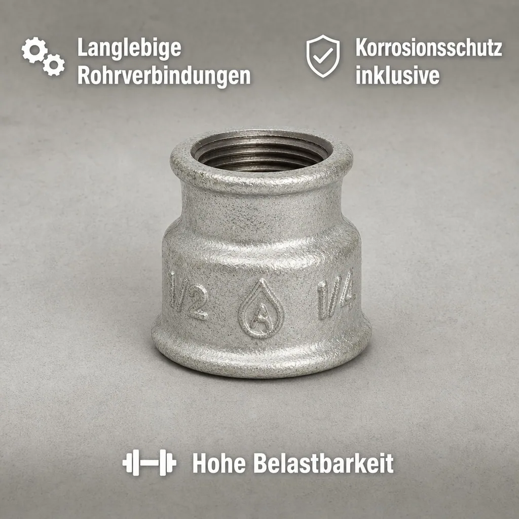 Reduziermuffe Temperguss, Gewindefitting, 1/2" IG x 1/4" IG