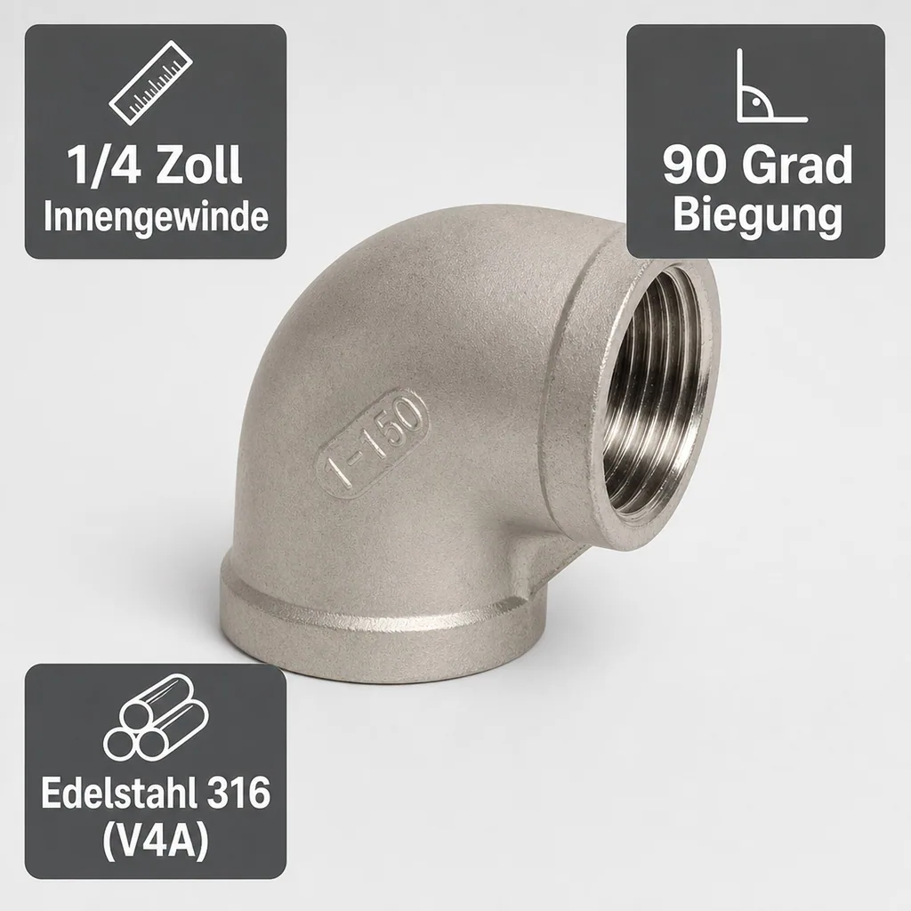 Edelstahl Winkel, Gewindefitting Edelstahl, 90 Grad, 1/4 Zoll, V4A Winkel