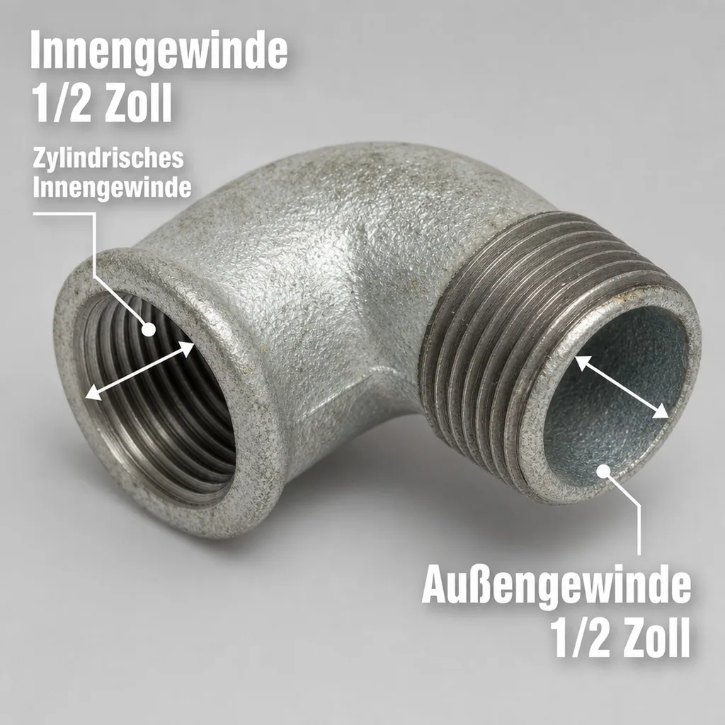 Gewindefitting Temperguss Winkel 90° 1/2" IG x 1/2" AG