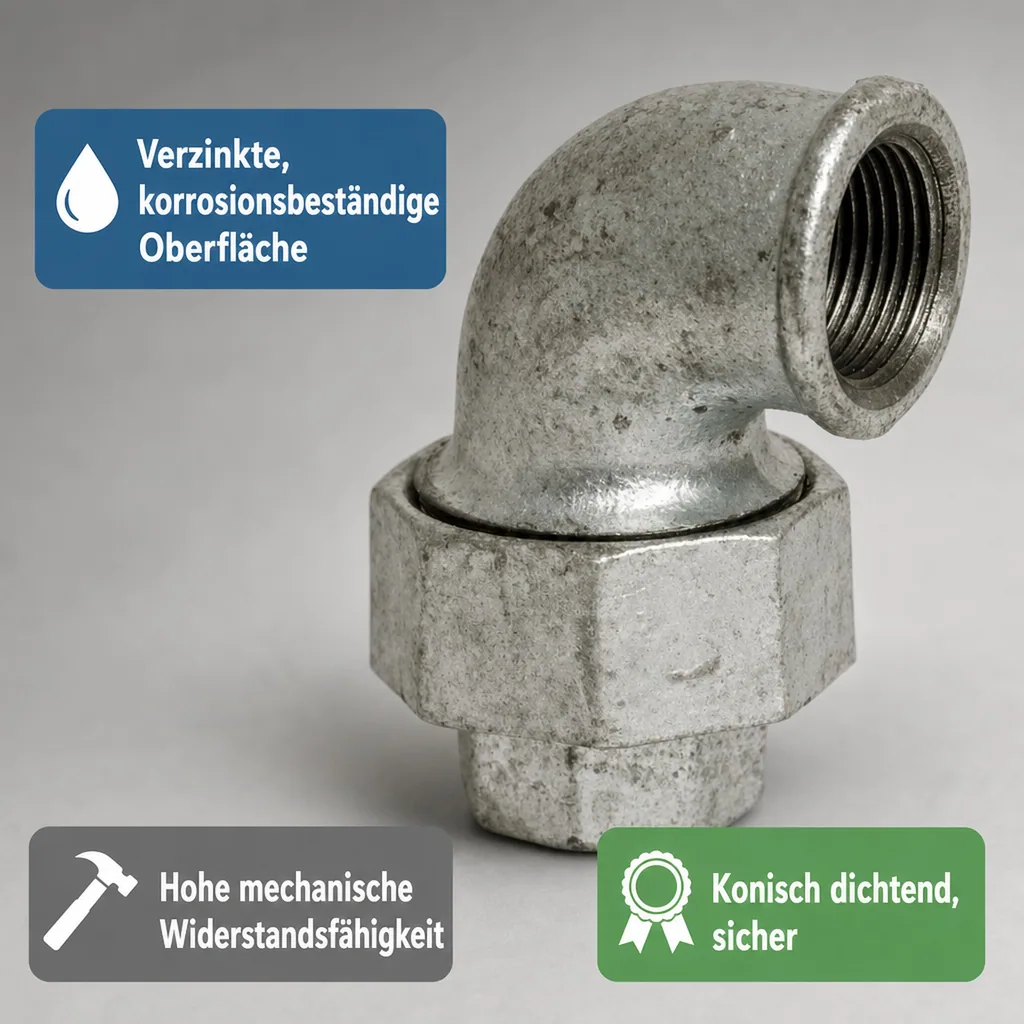 Winkelverschraubung 3/8, Gewindefitting Temperguss, 90 Grad IG x IG, Konisch dichtend