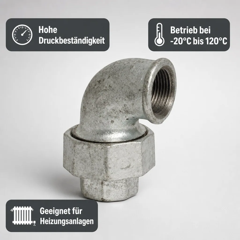 Winkelverschraubung 3/8, Gewindefitting Temperguss, 90 Grad IG x IG, Konisch dichtend