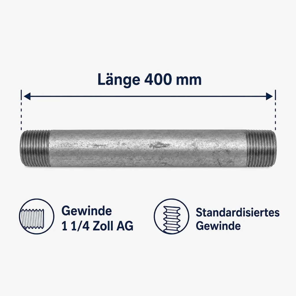 Rohrnippel verzinkt, Gewindefitting 1 1/4" AG x 1 1/4" AG, 400 mm, Stahlrohrnippel