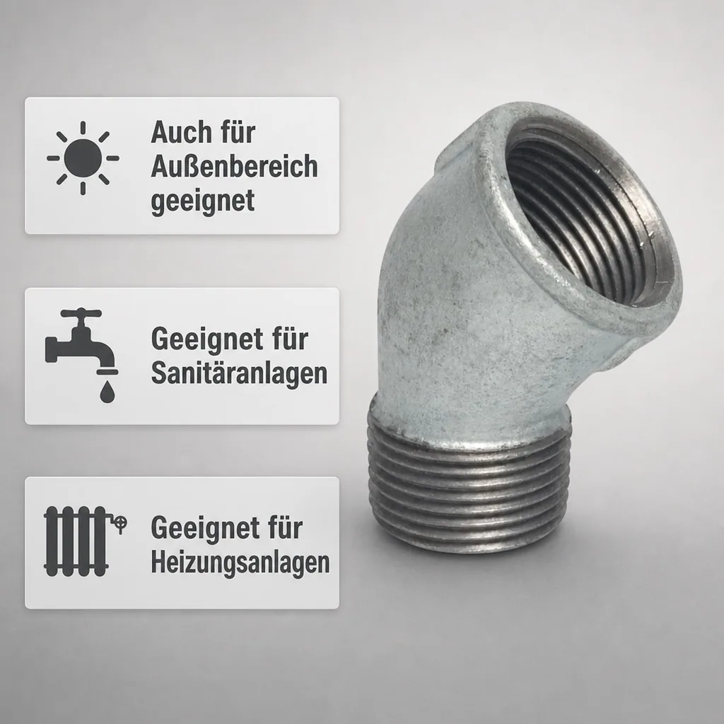 Gewindefitting, Temperguss Winkel 45 Grad, 3/8 Zoll IG x 3/8 Zoll AG, verzinkt