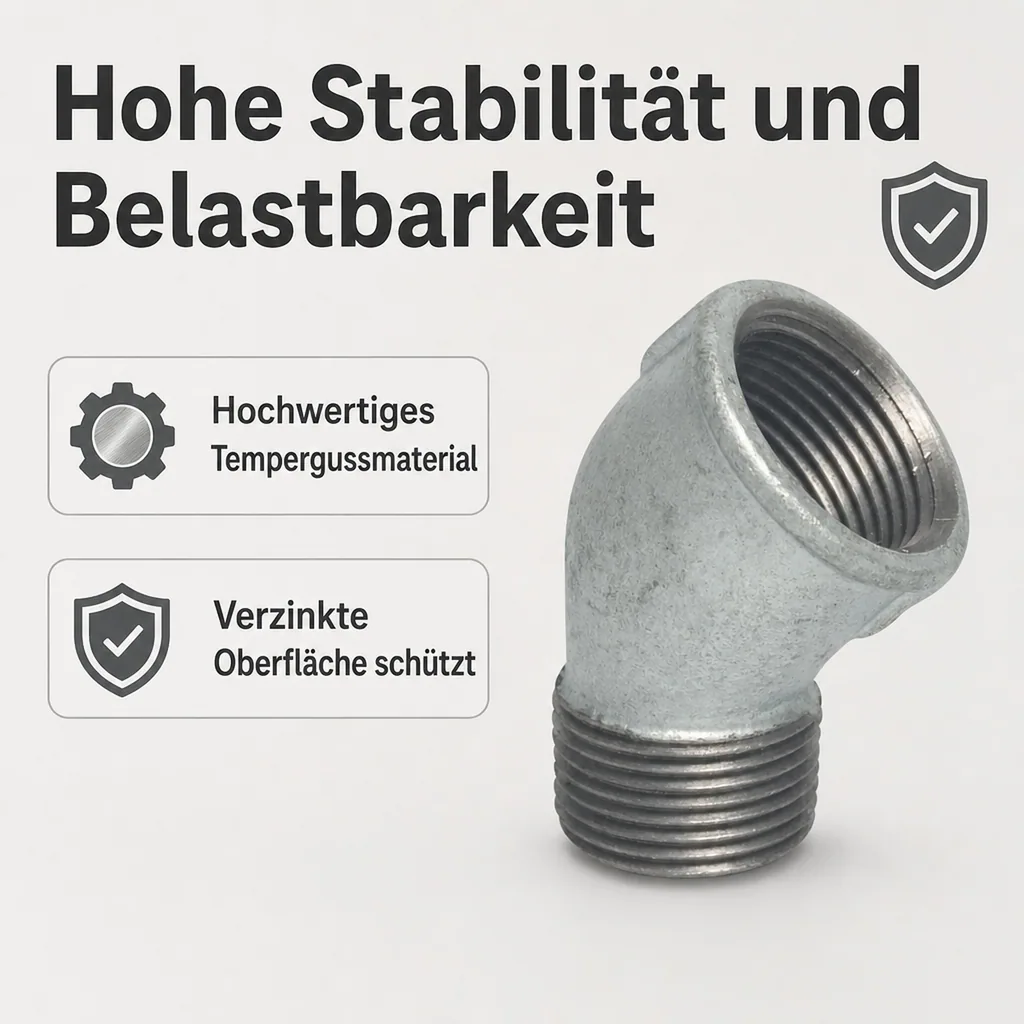 Gewindefitting, Temperguss Winkel 45 Grad, 3/8 Zoll IG x 3/8 Zoll AG, verzinkt