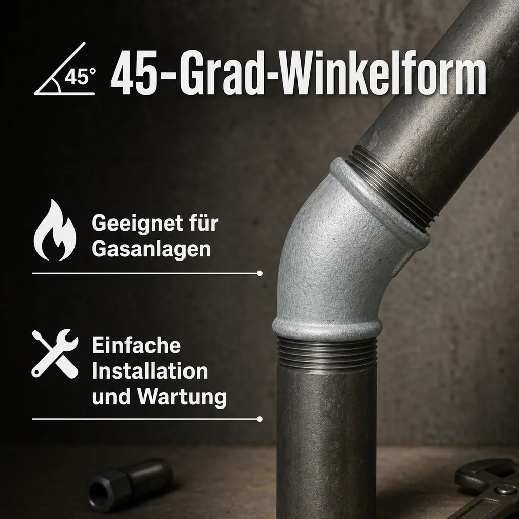 Gewindefitting, Temperguss Winkel 45 Grad, 3/8 Zoll IG x 3/8 Zoll AG, verzinkt