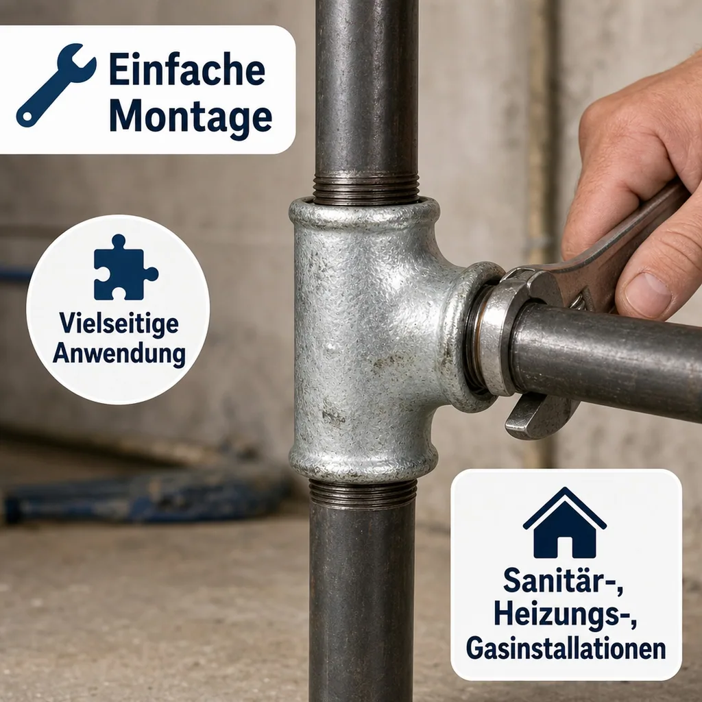 T Stück Temperguss, Gewindefitting 1/2 Zoll
